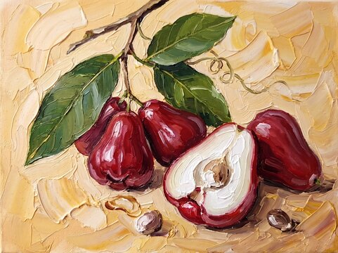 Fresh Red Wax Apples Water Fruit Oil Painting Rustic Still Life Artwork
