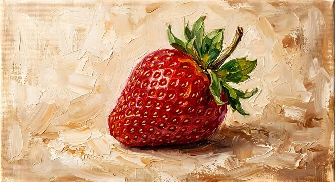 Single Ripe Red Strawberry Fruit Fine Art Oil Painting Still Life Print