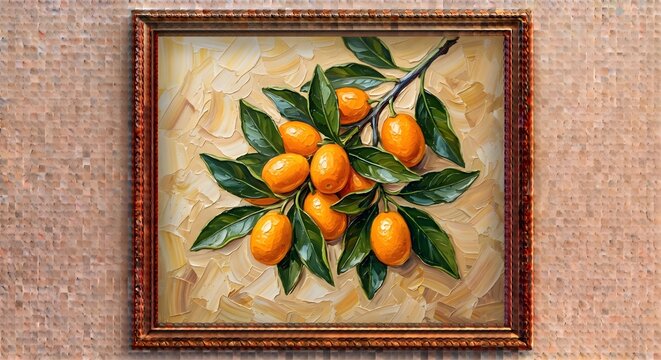 Framed Orange Kumquat Fruit Branch Oil Painting Vintage Gold Framed Print