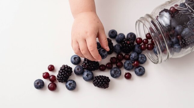 Toddler hand picking fresh blueberries and blackberries spilled from glass jar