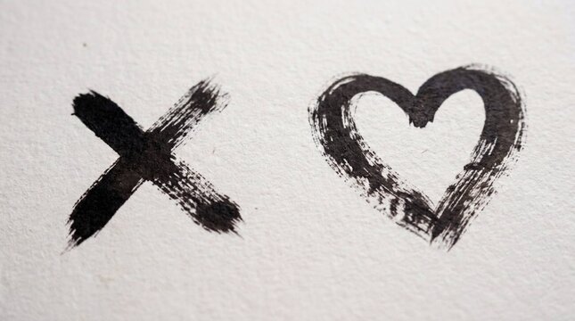 Hand painted black X and heart brush strokes symbolizing kisses and love