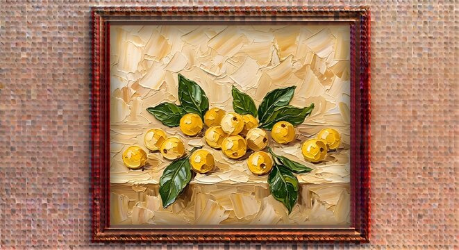 Framed Yellow Berries Branch Still Life Oil Painting Vintage Gold Wall Art