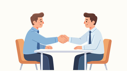 Fototapeta premium Two men in business attire shaking hands across a white table, flat vector illustration style.