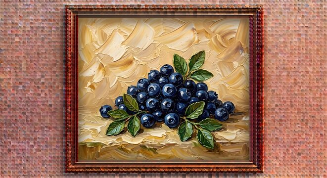 Framed Fresh Blueberries Heap Oil Painting Vintage Gold Wall Artwork