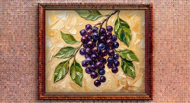 Framed Dark Purple Grapes Vine Oil Painting Vintage Gold Wall Artwork