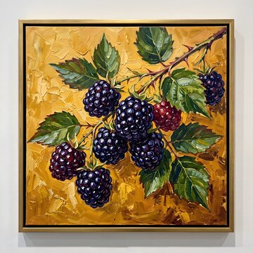 Framed Ripe Blackberry Bush Branch Oil Painting Gold Wall Canvas Print