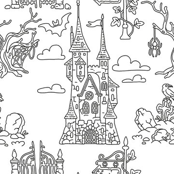 Seamless pattern with a fairytale mystical castle in a Halloween theme in line art. Perfect for wrapping paper, packaging, clothing fabric prints, festive promotions, social media, event invitations.