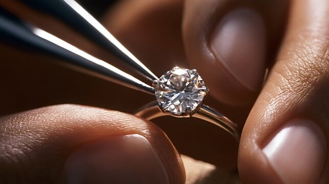 Jeweler hands precisely setting a brilliant diamond into a gold ring using metal tweezers, showcasing craftsmanship, luxury, and attention to detail in jewelry making
