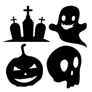 Halloween Silhouette Elements Set with Ghost, Pumpkin, Skull and Gravestones Vector Illustration in AI EPS SVG PNG