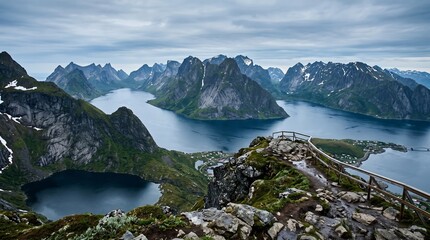 Obraz premium Scandinavian Fjords Elevated Overlook with Layered Mountain Scenery