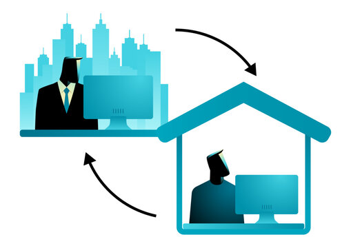 Remote work and hybrid workplace concept with businessman working from office and home