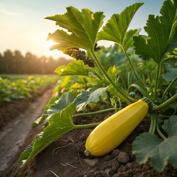 Ripe yellow squash plant growing in a sunlit agricultural field during golden hour with soft bokeh background