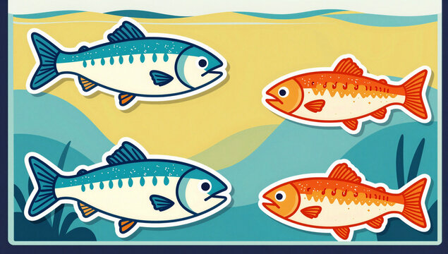Four colorful fish swimming in blue water.