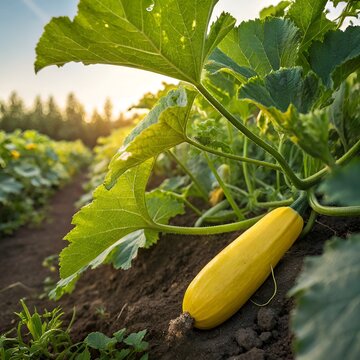 Yellow squash growing on vine in sunlit garden during golden hour with soft bokeh
