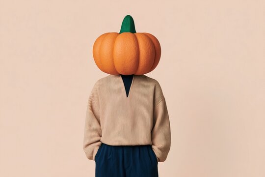 Person with a pumpkin head standing against a plain background, wearing simple clothing and facing away from the viewer in a creative art display