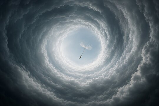 Dandelion Seed Floating Through Dramatic Cloud Vortex in Sky