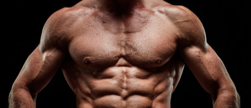 A muscular male torso is shown against a dark background with defined abs and chest muscles.