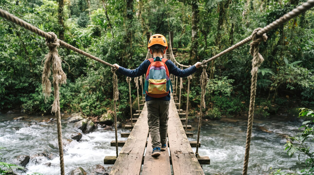 Child Wearing Helmet Crossing Wooden Suspension Bridge in Forest