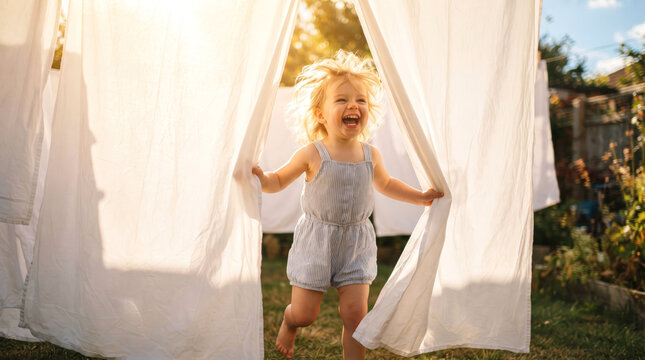 Happy Toddler Playing Hide and Seek Behind Hanging White Sheets