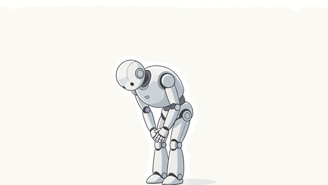 Sad White Cartoon Robot Bending Over with Hands on Knees, Depressed Mood