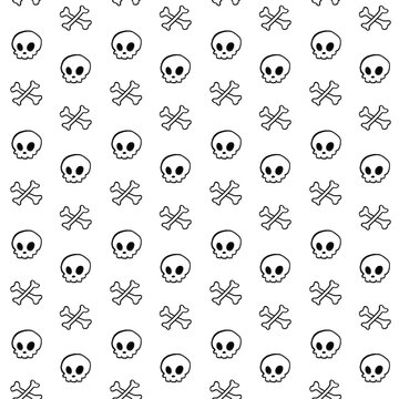 Seamless hand-drawn pattern of creepy cute skulls and bones in line art on white background for Halloween-themed textiles, gift wrapping paper, packaging, apparel fabric prints, linens, accessories.
