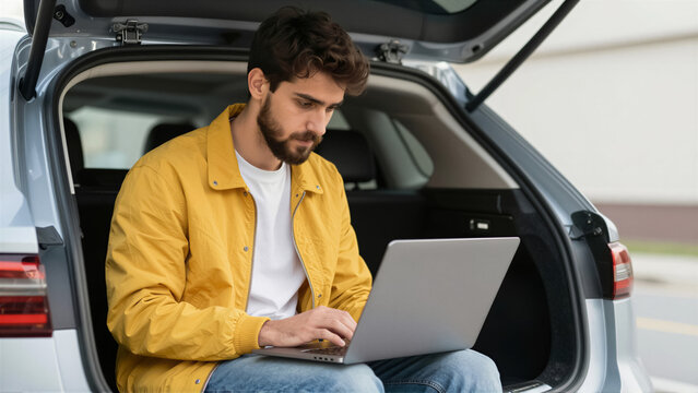 Young man doing remote work on a laptop from his car trunk. This image perfectly captures the digital nomad lifestyle and freelance flexibility, ideal for online business concepts