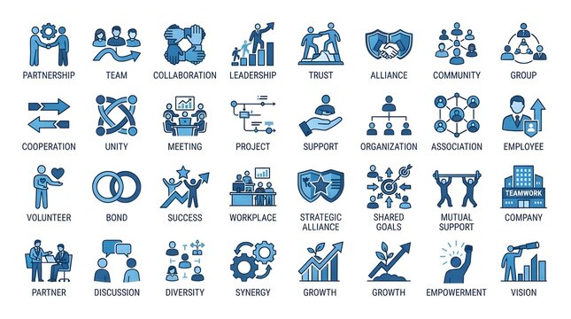 Teamwork and collaboration icon set in blue color with partnership, leadership, trust, and synergy symbols