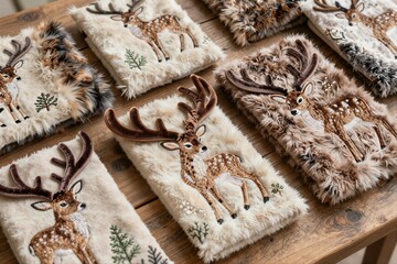 Fototapeta premium Plush deer phone cases displayed on wooden market table