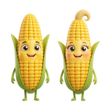 Cute happy sweet corn character matching pair smiling, detailed 3D animated cob mascots isolated on pure white background