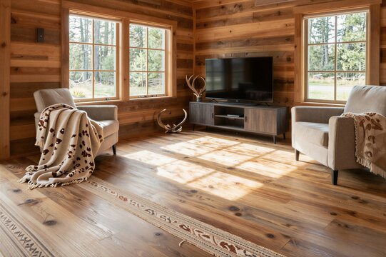 Cozy living room with wooden interior and sunlight on hardwood floor