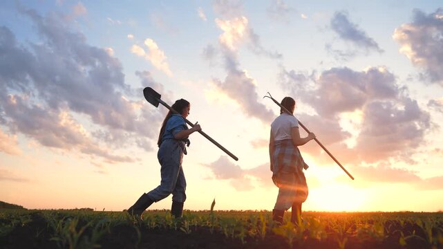Two women carry farming tools as they walk across a field. The women walk in the sunset with clouds scattered in the vibrant sky.
