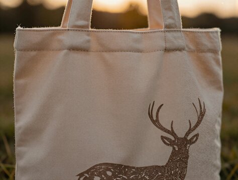 Canvas tote bag displaying deer print at field sunset outdoors