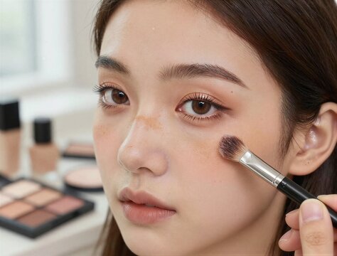 Young woman having makeup applied in indoor vanity setting
