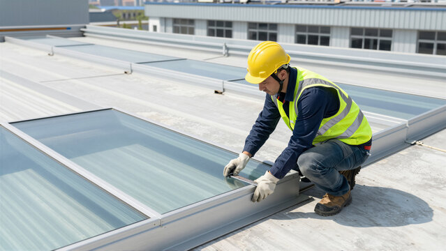 A professional construction worker in a safety vest installs a glass skylight on an industrial roof. The technician performs maintenance for energy efficiency