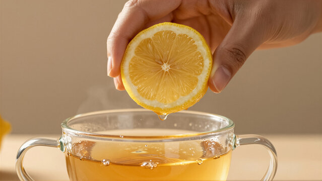A hand expertly squeezes a fresh lemon slice into a steaming cup of hot tea. This healthy beverage offers refreshing comfort and supports immunity