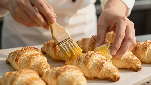 A chef's hand meticulously glazes a freshly baked croissant with a pastry brush in a warm bakery kitchen. This appetizing scene highlights the art of baking