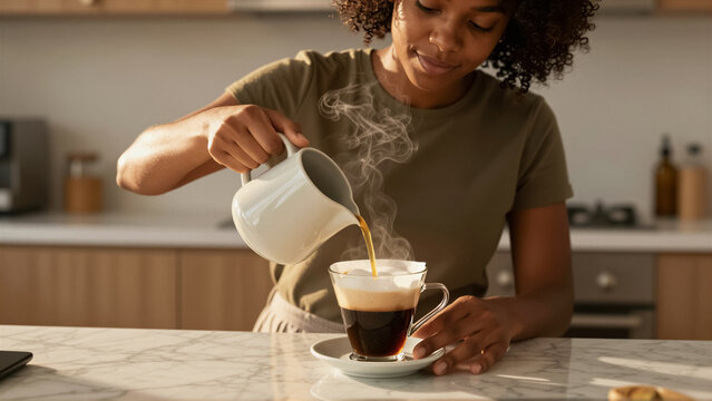 A young Black woman meticulously pours hot water, making fresh drip coffee in her modern kitchen. This peaceful morning home ritual promotes wellness
