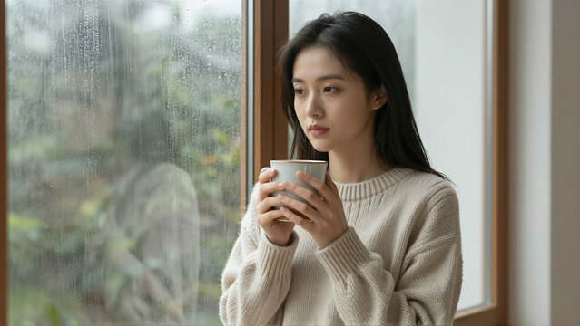 Young Asian woman enjoying a thoughtful moment by the window on a rainy day. She holds a warm drink in her cozy home, reflecting a peaceful lifestyle