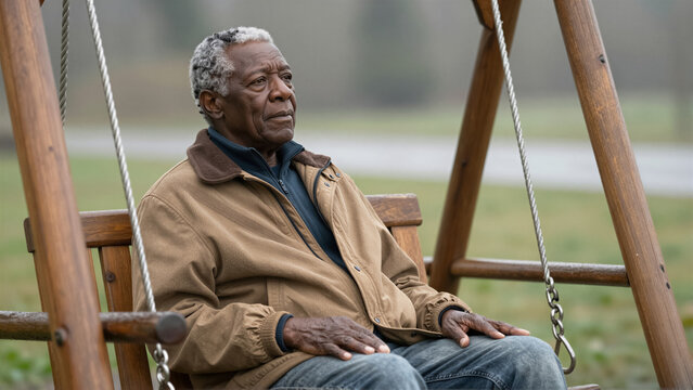 A thoughtful senior man sits on a wooden swing outdoors, lost in contemplation. His pensive expression embodies aging and the quiet lifestyle