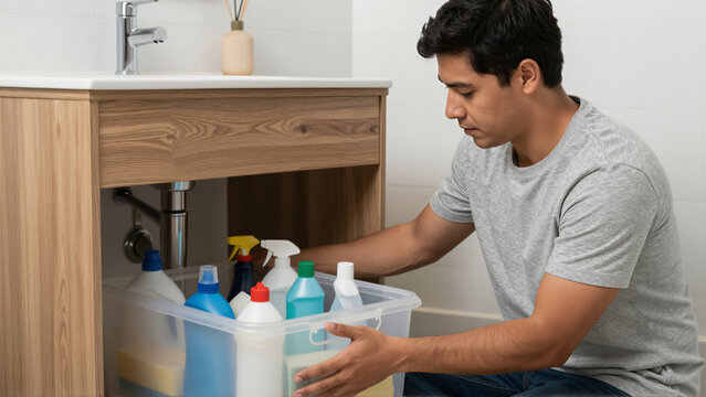 Young man organizing cleaning supplies under a modern bathroom sink. He is storing bottles and sponges in a clear bin for tidy home maintenance