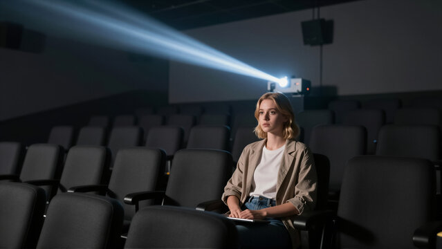 Young woman enjoys a film in an empty movie theater, captivated by the projector's light. A cinematic experience with focused attention and anticipation