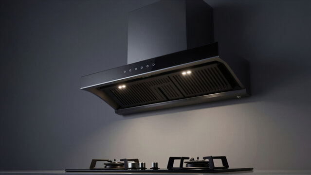 Modern black range hood mounted on a dark kitchen wall above a sleek gas cooktop. Elegant kitchen appliance design with integrated LED illumination