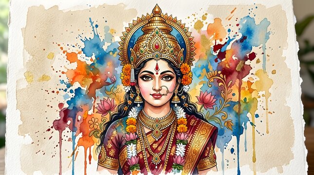 Watercolor painting of goddess durga with vibrant paint splashes and floral elements on a textured paper background