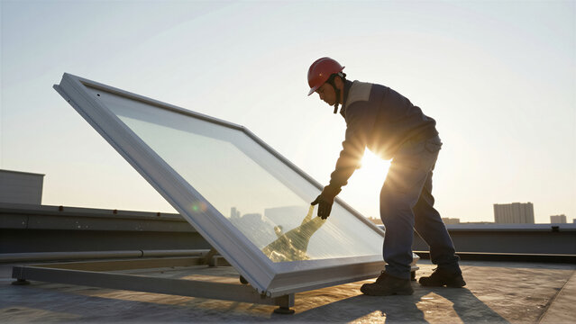 A professional construction worker installing a modern skylight window on a building rooftop. Sunlight shines through the glass during maintenance