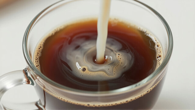 Close-up of milk being poured into a glass mug of hot coffee. A dynamic swirl of liquid and foam creates a fresh breakfast drink scene