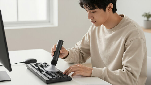Young man using a specialized brush tool to clean dust from a black computer keyboard. Minimalist home office workspace with natural light for maintenance