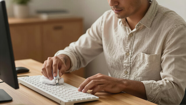 Close-up of a man cleaning a white computer keyboard with a maintenance tool. Professional hygiene for electronic equipment at a modern home office desk