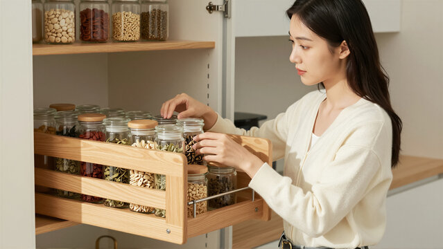 A woman organizes her kitchen pantry using glass jar storage in a wooden pull-out drawer. This minimalist storage solution promotes a healthy lifestyle at home