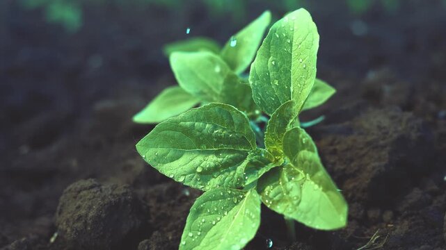 The green plants grow in dark soil, surrounded by droplets of water. The wet leaves shine in the light, emphasizing the freshness of the plants.