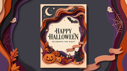 Fototapeta premium Halloween paper cutout poster design featuring pumpkins bats and a black cat illustration with displays layered paper cut style Halloween poster pumpkins